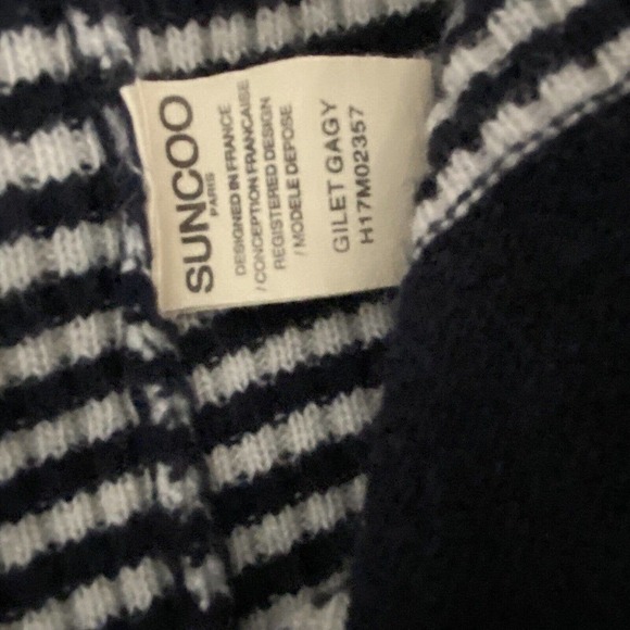 SUNCOO PARIS WOOL OPEN FRONT SWEATER Cardigan Navy Metallic Striped Medium - Picture 12 of 12